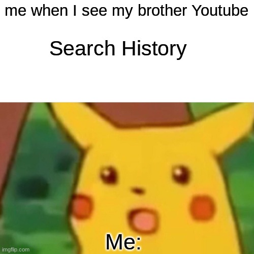 Search History... | me when I see my brother Youtube; Search History; Me: | image tagged in memes,surprised pikachu | made w/ Imgflip meme maker