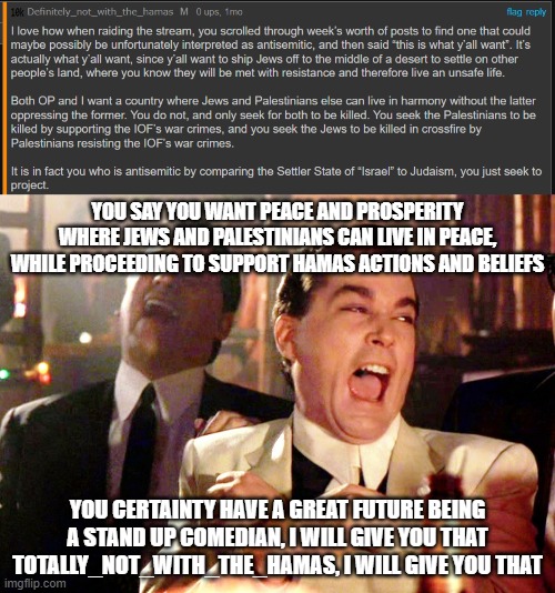 Zionism may not be perfect, but they are better at achieving peace in the region than Hamas ever will. | YOU SAY YOU WANT PEACE AND PROSPERITY WHERE JEWS AND PALESTINIANS CAN LIVE IN PEACE, WHILE PROCEEDING TO SUPPORT HAMAS ACTIONS AND BELIEFS; YOU CERTAINTY HAVE A GREAT FUTURE BEING A STAND UP COMEDIAN, I WILL GIVE YOU THAT TOTALLY_NOT_WITH_THE_HAMAS, I WILL GIVE YOU THAT | image tagged in memes,good fellas hilarious,stupid people | made w/ Imgflip meme maker