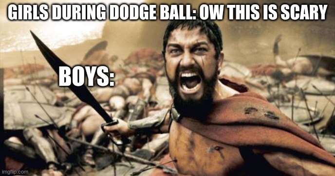 Sparta Leonidas | GIRLS DURING DODGE BALL: OW THIS IS SCARY; BOYS: | image tagged in memes,sparta leonidas | made w/ Imgflip meme maker