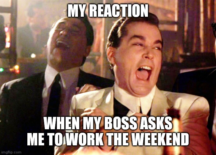 Reaction | MY REACTION; WHEN MY BOSS ASKS ME TO WORK THE WEEKEND | image tagged in memes,good fellas hilarious,funny memes | made w/ Imgflip meme maker