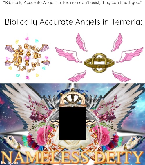 "Biblically Accurate Angels in Terraria don't exist, they can't hurt you."; Biblically Accurate Angels in Terraria: | image tagged in terraria,video games,modded,calamity,fargos soul,memes | made w/ Imgflip meme maker