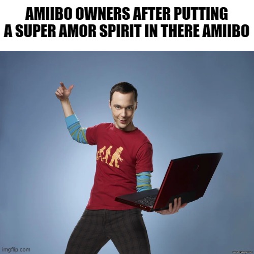 sheldon cooper laptop | AMIIBO OWNERS AFTER PUTTING A SUPER AMOR SPIRIT IN THERE AMIIBO | image tagged in sheldon cooper laptop | made w/ Imgflip meme maker