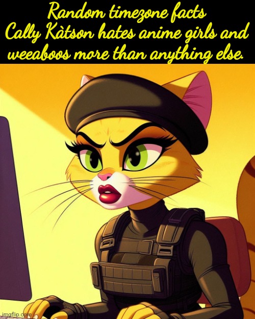 "Fuckin weeaboos. Ruining every tactical shooter out there!" -Càlly Kàtson | Random timezone facts
Cally Kàtson hates anime girls and weeaboos more than anything else. | image tagged in timezone,funny,game,idea,movie,cartoon | made w/ Imgflip meme maker