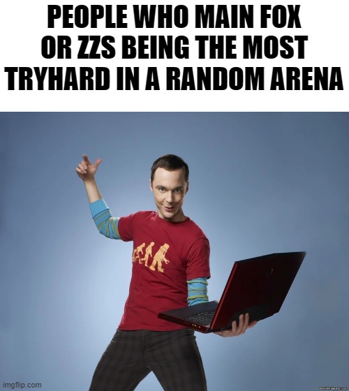 sheldon cooper laptop | PEOPLE WHO MAIN FOX OR ZZS BEING THE MOST TRYHARD IN A RANDOM ARENA | image tagged in sheldon cooper laptop | made w/ Imgflip meme maker
