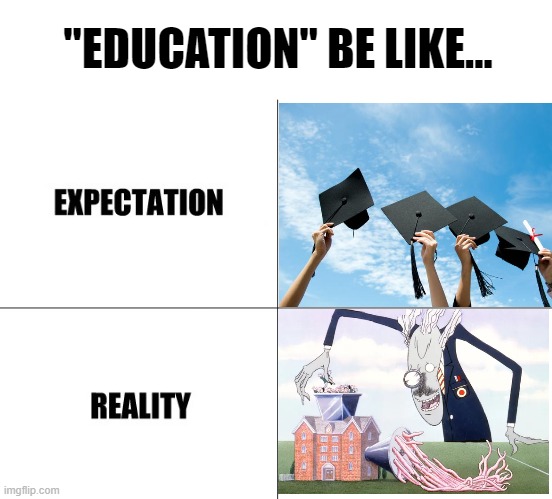 Education vs Reality | "EDUCATION" BE LIKE... | image tagged in education,academic,british,pink floyd,the wall,expectation vs reality | made w/ Imgflip meme maker