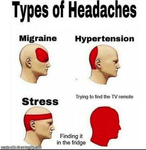 Cold Facts | Trying to find the TV remote; Finding it in the fridge | image tagged in types of headaches meme | made w/ Imgflip meme maker