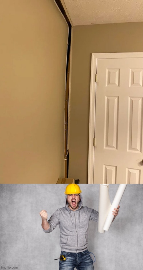 Looking like a house separation | image tagged in angry contractor,house,houses,you had one job,memes,construction | made w/ Imgflip meme maker