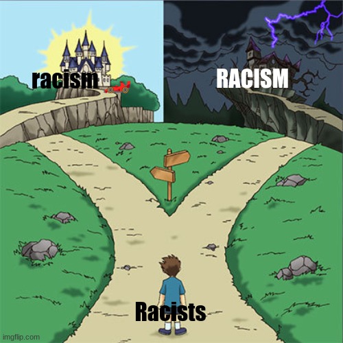 Two Paths | RACISM; racism 🏎; Racists | image tagged in two paths | made w/ Imgflip meme maker