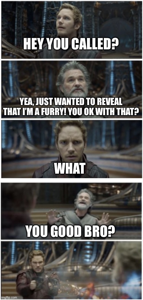 What did you say? Star Lord | HEY YOU CALLED? YOU GOOD BRO? WHAT YEA, JUST WANTED TO REVEAL THAT I’M A FURRY! YOU OK WITH THAT? | image tagged in what did you say star lord | made w/ Imgflip meme maker