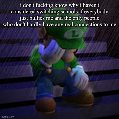 I'm sorry about all the venting but i really don't have the mood to post anything else | i don't fucking know why i haven't considered switching schools if everybody just bullies me and the only people who don't hardly have any real connections to me | made w/ Imgflip meme maker