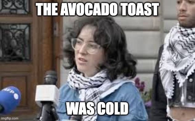 whiny.columbia.girl | THE AVOCADO TOAST; WAS COLD | image tagged in whiny columbia girl | made w/ Imgflip meme maker