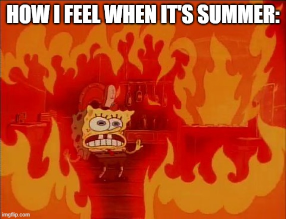 oh no it's almost here... | HOW I FEEL WHEN IT'S SUMMER: | image tagged in burning spongebob,memes,summer time | made w/ Imgflip meme maker