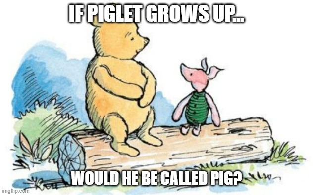 A quote from Caddy. | IF PIGLET GROWS UP... WOULD HE BE CALLED PIG? | image tagged in winnie the pooh and piglet,caddicarus,winnie the pooh,quotes | made w/ Imgflip meme maker