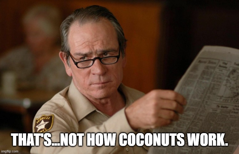Tommy Lee Jones with newspaper | THAT'S...NOT HOW COCONUTS WORK. | image tagged in tommy lee jones with newspaper | made w/ Imgflip meme maker