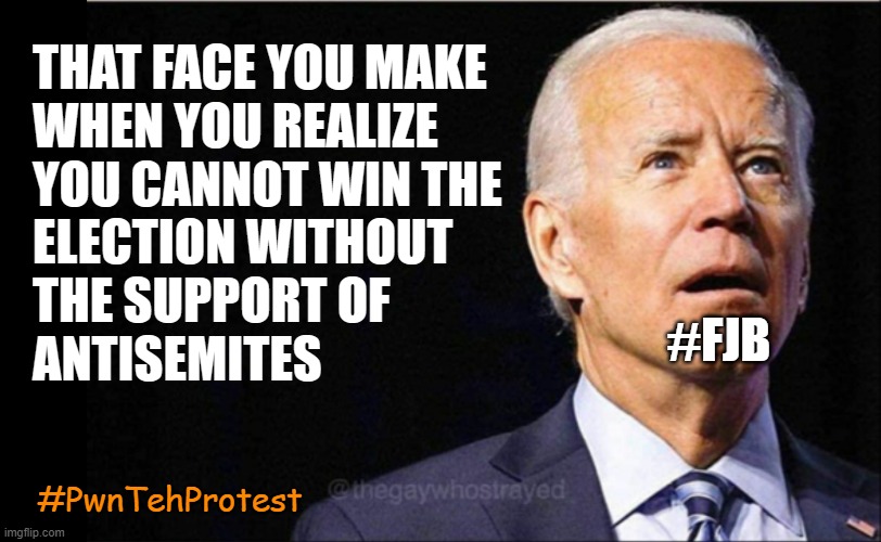 Because It's A Coalition Party | THAT FACE YOU MAKE 
WHEN YOU REALIZE 
YOU CANNOT WIN THE 
ELECTION WITHOUT 
THE SUPPORT OF
ANTISEMITES; #FJB; #PwnTehProtest | image tagged in joe biden,palestine,antisemitism | made w/ Imgflip meme maker