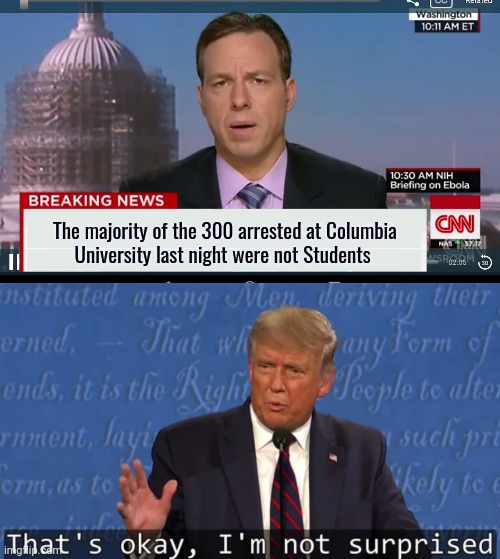 They call it "News" | The majority of the 300 arrested at Columbia
University last night were not Students | image tagged in cnn breaking news template,that's okay i'm not surprised,protesters,peaceful,well yes but actually no,paid for | made w/ Imgflip meme maker