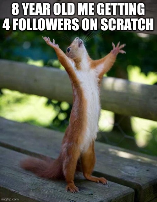 Happy Squirrel | 8 YEAR OLD ME GETTING 4 FOLLOWERS ON SCRATCH | image tagged in happy squirrel | made w/ Imgflip meme maker