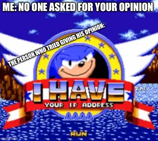When you don’t allow someone to give their opinion | ME: NO ONE ASKED FOR YOUR OPINION; THE PERSON WHO TRIED GIVING HIS OPINION: | image tagged in i have your ip address | made w/ Imgflip meme maker