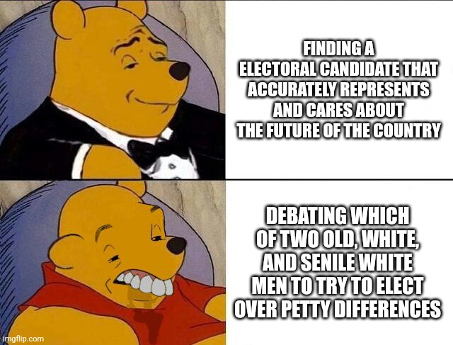 Tuxedo Winnie the Pooh grossed reverse | FINDING A ELECTORAL CANDIDATE THAT ACCURATELY REPRESENTS AND CARES ABOUT THE FUTURE OF THE COUNTRY; DEBATING WHICH OF TWO OLD, WHITE, AND SENILE WHITE MEN TO TRY TO ELECT OVER PETTY DIFFERENCES | image tagged in tuxedo winnie the pooh grossed reverse | made w/ Imgflip meme maker