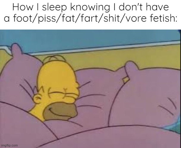 how i sleep homer simpson | How I sleep knowing I don't have a foot/piss/fat/fart/shit/vore fetish: | image tagged in how i sleep homer simpson | made w/ Imgflip meme maker