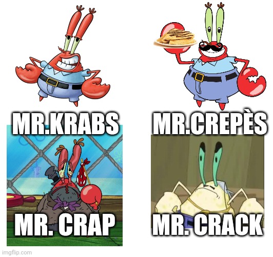 Mr. Crepes | MR.CREPÈS; MR.KRABS; MR. CRAP; MR. CRACK | image tagged in mr krabs,spongebob | made w/ Imgflip meme maker