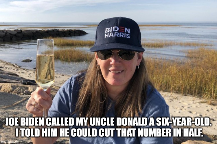 Donald is more like three | JOE BIDEN CALLED MY UNCLE DONALD A SIX-YEAR-OLD.  I TOLD HIM HE COULD CUT THAT NUMBER IN HALF. | image tagged in mary trump biden harris | made w/ Imgflip meme maker
