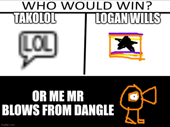 3 2 1 FIGHT | LOGAN WILLS; TAKOLOL; OR ME MR BLOWS FROM DANGLE | image tagged in who will win 3 person,memes,funny,battle,fighting,cool | made w/ Imgflip meme maker