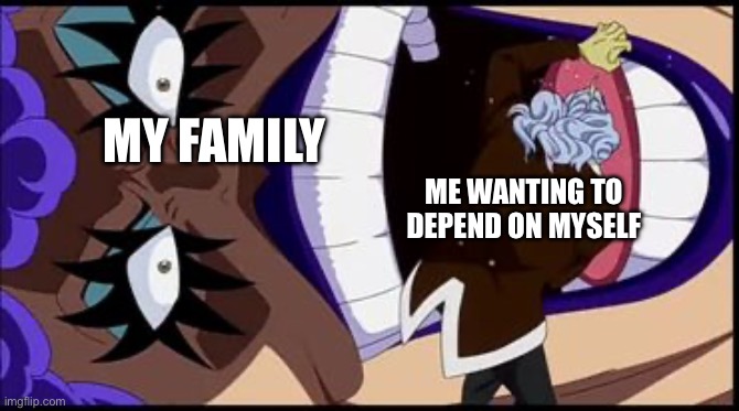 Sucks having a clingy family | MY FAMILY; ME WANTING TO DEPEND ON MYSELF | image tagged in ivankov jumpscare | made w/ Imgflip meme maker
