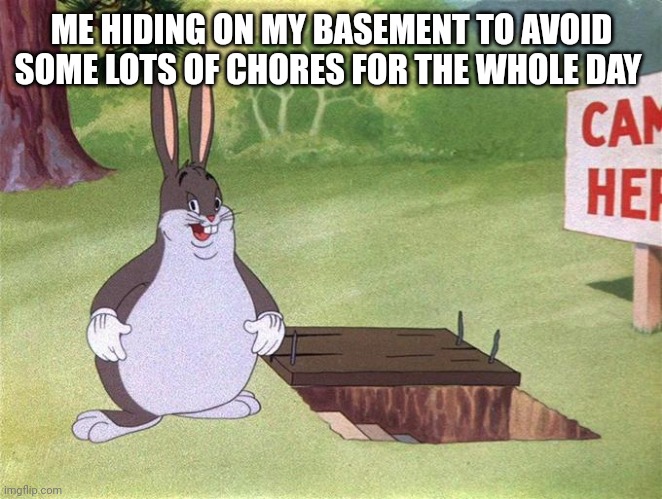 Big Chungus | ME HIDING ON MY BASEMENT TO AVOID SOME LOTS OF CHORES FOR THE WHOLE DAY | image tagged in big chungus | made w/ Imgflip meme maker