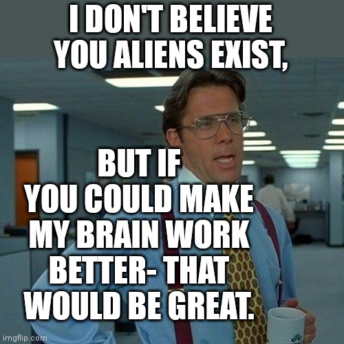 ? Chips | I DON'T BELIEVE YOU ALIENS EXIST, BUT IF YOU COULD MAKE MY BRAIN WORK BETTER- THAT WOULD BE GREAT. | image tagged in memes,that would be great,aliens | made w/ Imgflip meme maker