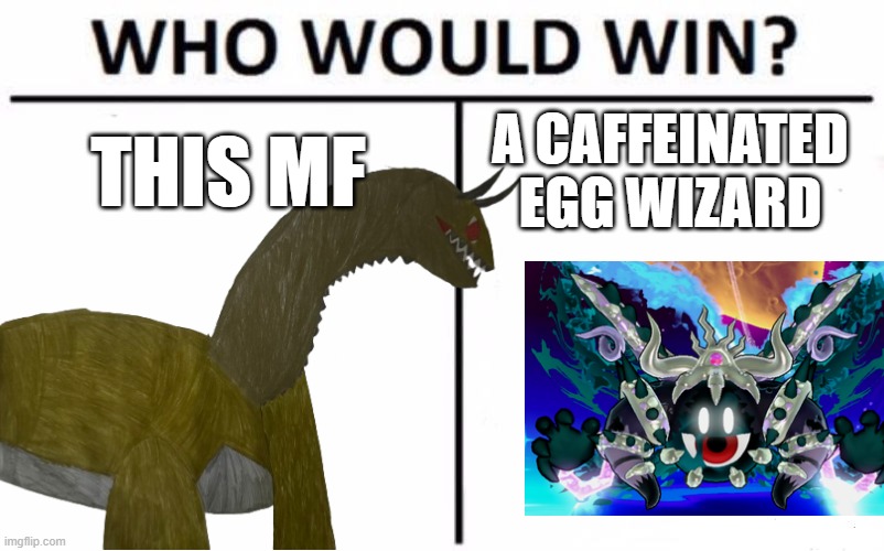 Who Would Win? | THIS MF; A CAFFEINATED EGG WIZARD | image tagged in memes,who would win | made w/ Imgflip meme maker