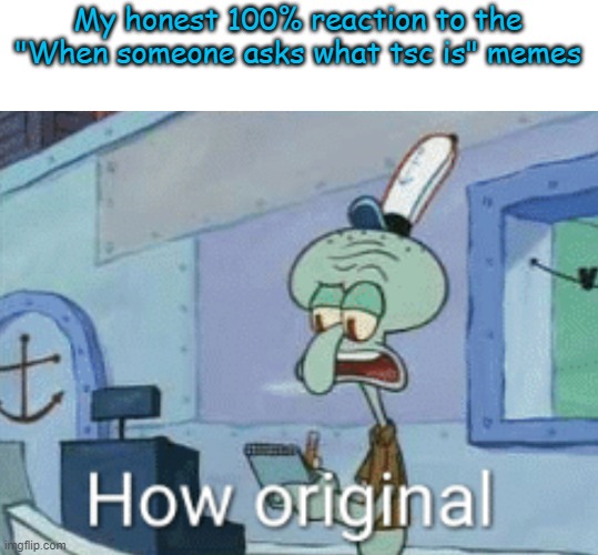 its quite a overused and overall repetitive meme, im not being rude but try finding other ways iris. ik you can be wayy creative | My honest 100% reaction to the "When someone asks what tsc is" memes | image tagged in squidward how original,dont call me fat,aanus,lala ur fat haha,also dont call me aanus,fat | made w/ Imgflip meme maker