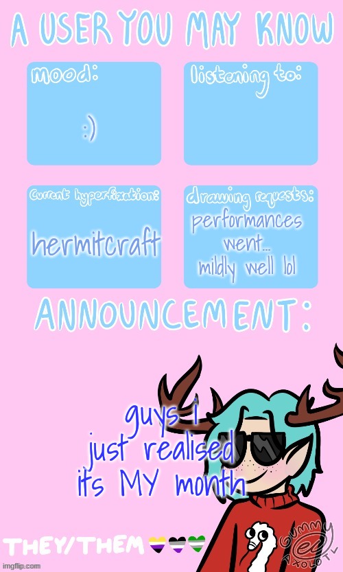 ITS MAAAY | :); hermitcraft; performances went... mildly well lol; guys i just realised its MY month | image tagged in may's announcement | made w/ Imgflip meme maker