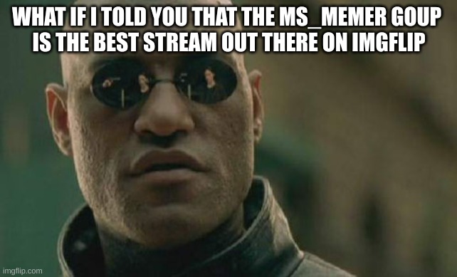 Matrix Morpheus | WHAT IF I TOLD YOU THAT THE MS_MEMER GOUP 
IS THE BEST STREAM OUT THERE ON IMGFLIP | image tagged in memes,matrix morpheus | made w/ Imgflip meme maker