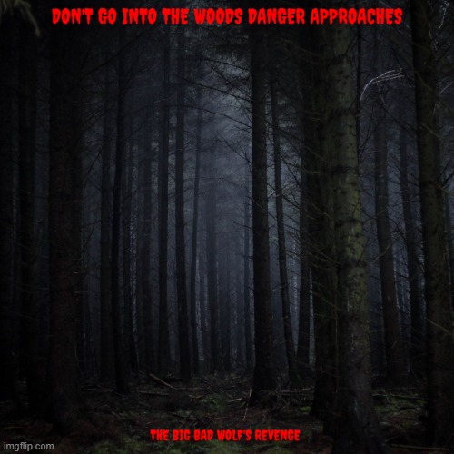 movies that might happen someday part 159 | DON'T GO INTO THE WOODS DANGER APPROACHES; THE BIG BAD WOLF'S REVENGE | image tagged in dark forest,horror movie,dark and gritty,r rated,blumhouse | made w/ Imgflip meme maker