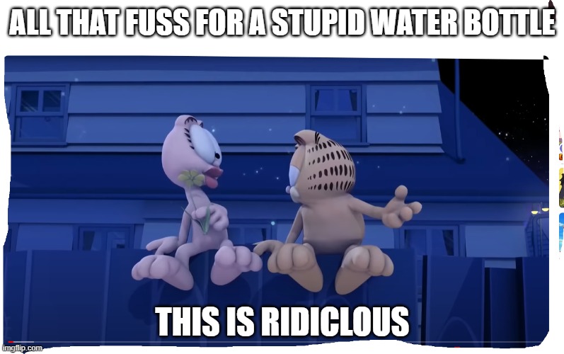 this is ridiclous | ALL THAT FUSS FOR A STUPID WATER BOTTLE; THIS IS RIDICLOUS | image tagged in garfield | made w/ Imgflip meme maker