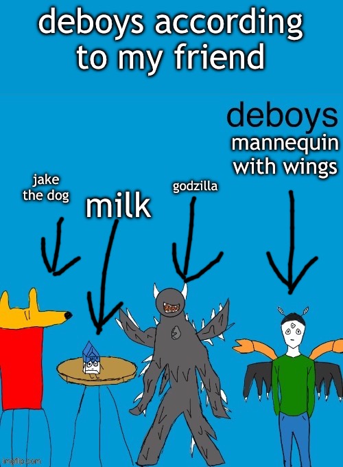 weezer but it's deboys | deboys according to my friend; jake the dog; mannequin with wings; godzilla; milk | image tagged in weezer but it's deboys | made w/ Imgflip meme maker