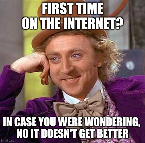 !st time on Internet | FIRST TIME ON THE INTERNET? IN CASE YOU WERE WONDERING, 
NO IT DOESN'T GET BETTER | image tagged in memes,creepy condescending wonka,internet,first day on the internet kid | made w/ Imgflip meme maker