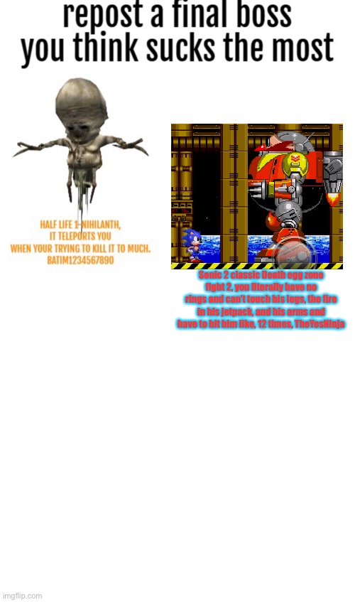 Dhahrgeuxhrgshf | Sonic 2 classic Death egg zone fight 2, you literally have no rings and can’t touch his legs, the fire in his jetpack, and his arms and have to hit him like, 12 times, TheYesNinja | made w/ Imgflip meme maker