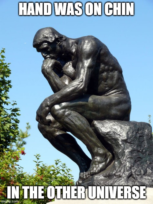 The Thinker | HAND WAS ON CHIN IN THE OTHER UNIVERSE | image tagged in the thinker | made w/ Imgflip meme maker