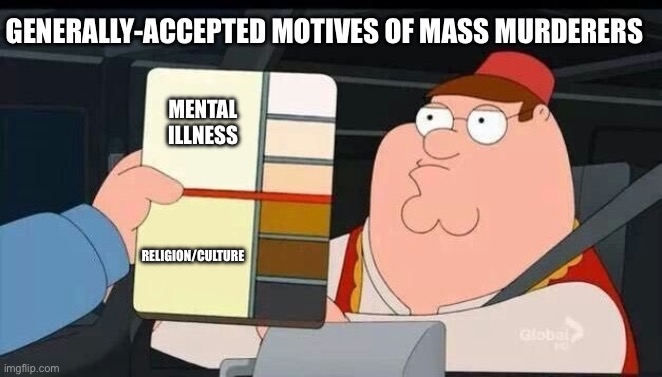 Mass-Murderer Motives Based on Race | GENERALLY-ACCEPTED MOTIVES OF MASS MURDERERS; MENTAL ILLNESS; RELIGION/CULTURE | image tagged in peter griffin skin color chart race terrorist blank | made w/ Imgflip meme maker