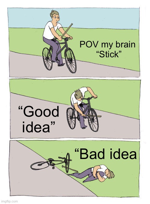 My brain in a nutshell | POV my brain 
“Stick”; “Good idea”; “Bad idea | image tagged in memes,bike fall,goofy ahh | made w/ Imgflip meme maker