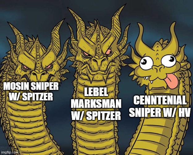 Three dragons | LEBEL MARKSMAN W/ SPITZER; MOSIN SNIPER W/ SPITZER; CENNTENIAL SNIPER W/ HV | image tagged in three dragons | made w/ Imgflip meme maker