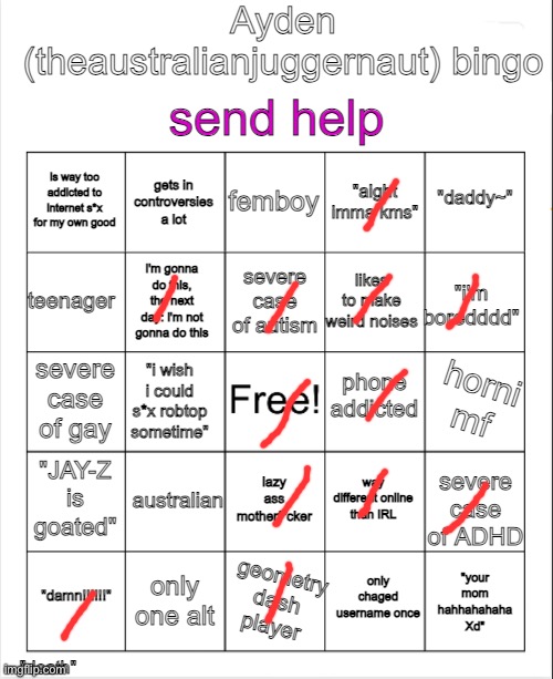 image tagged in ayden theaustralianjuggernaut bingo | made w/ Imgflip meme maker