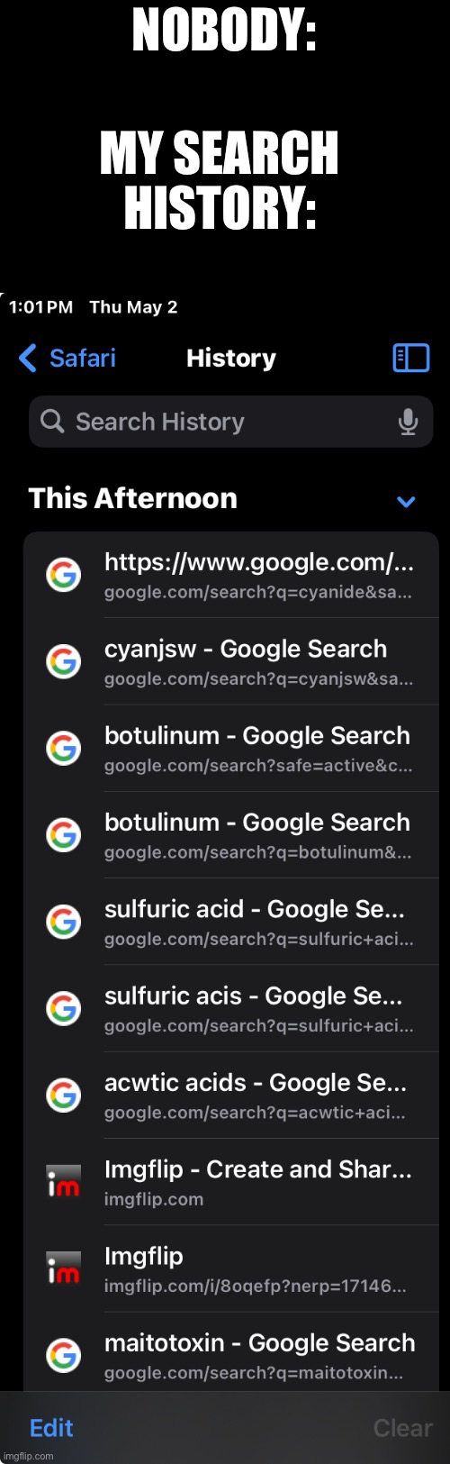 NOBODY:; MY SEARCH HISTORY: | made w/ Imgflip meme maker