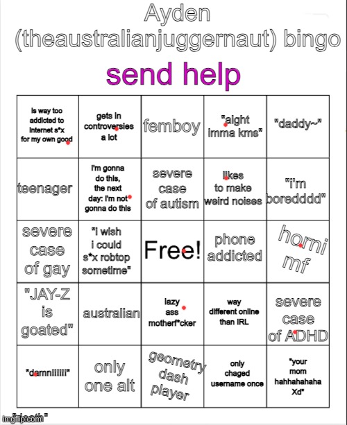 Ayden (theaustralianjuggernaut) bingo | image tagged in ayden theaustralianjuggernaut bingo | made w/ Imgflip meme maker