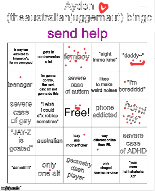 I did Ayden's bingo ;3 | image tagged in ayden theaustralianjuggernaut bingo,i have kids in my basement,owo,im so silly | made w/ Imgflip meme maker