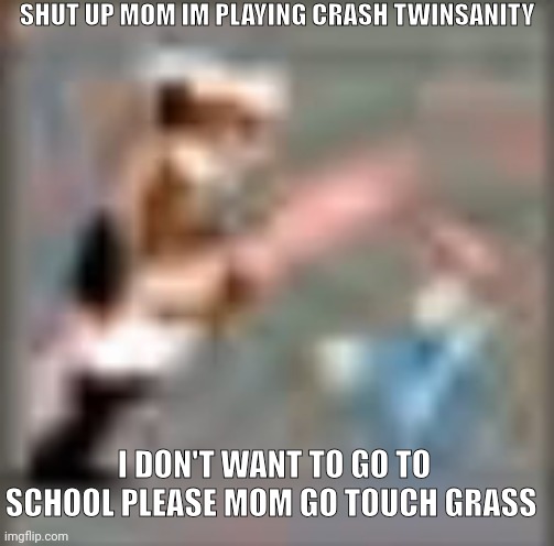 No | SHUT UP MOM IM PLAYING CRASH TWINSANITY; I DON'T WANT TO GO TO SCHOOL PLEASE MOM GO TOUCH GRASS | image tagged in peppino yelling at pizzahead | made w/ Imgflip meme maker