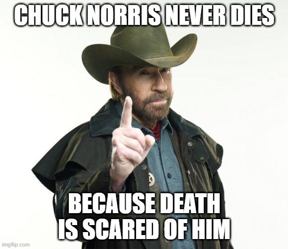 insert cool title here | CHUCK NORRIS NEVER DIES; BECAUSE DEATH IS SCARED OF HIM | image tagged in memes,chuck norris finger,chuck norris | made w/ Imgflip meme maker
