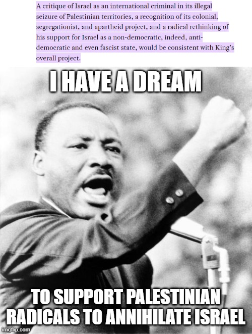 Its sad to see highly praised historical figures fall into lies and propaganda, i almost lost my respect to him. | I HAVE A DREAM; TO SUPPORT PALESTINIAN RADICALS TO ANNIHILATE ISRAEL | image tagged in martin luther king jr,israel,lies,propaganda | made w/ Imgflip meme maker